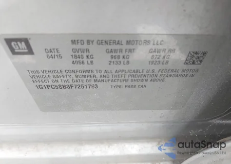 2015 Chevrolet Cruze 1Lt Auto z USA, uszkodzony, nr VIN 1G1PC5SB3F7251783